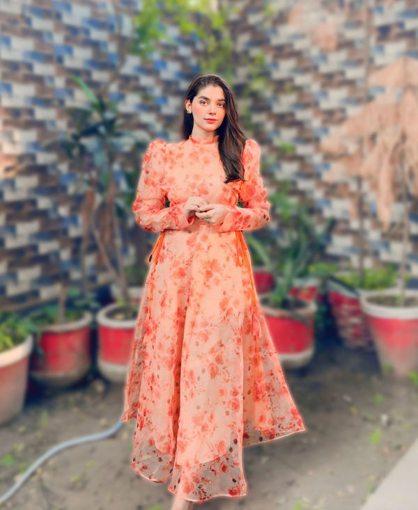 Victoria - Peach Floral Maxi Dress with Long Sleeves