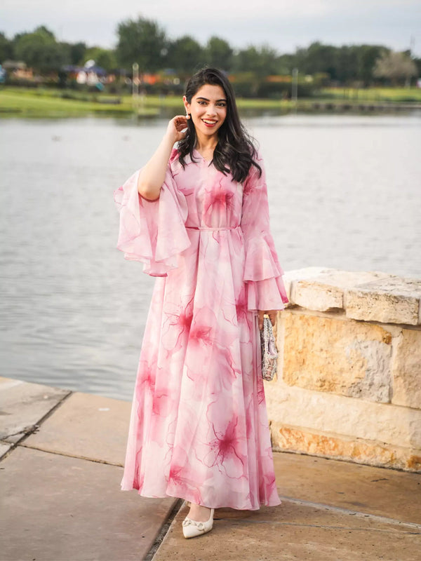 Sakura Mist Pink Floral Long Dress - CW 0043